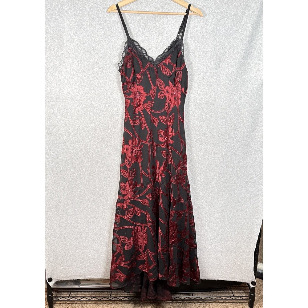 Lola P Maxi Slip Dress Womens Small Black Red Floral Beaded Y2K Floral Goth